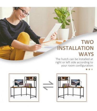 149x140x125cm Industrial L-Shaped Desk w Shelf - Brown & Black