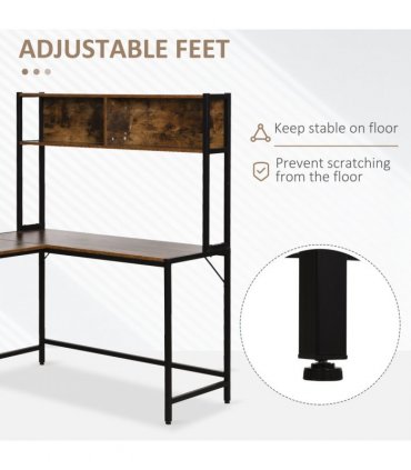 149x140x125cm Industrial L-Shaped Desk w Shelf - Brown & Black