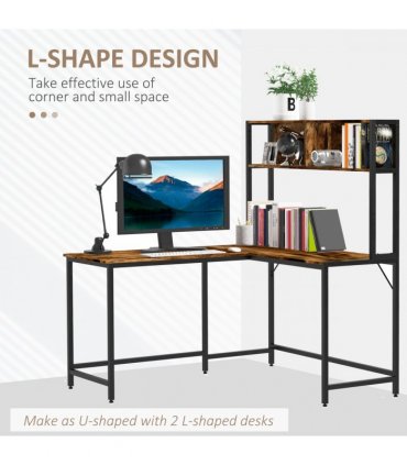 149x140x125cm Industrial L-Shaped Desk w Shelf - Brown & Black