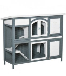 Two-Tier Wooden Rabbit Hutch Bunny Run w/ Openable Roof, Slide-Out Tray, Ramp