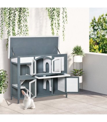 Two-Tier Wooden Rabbit Hutch Bunny Run w/ Openable Roof, Slide-Out Tray, Ramp