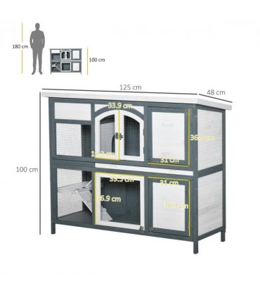 Two-Tier Wooden Rabbit Hutch Bunny Run w/ Openable Roof, Slide-Out Tray, Ramp