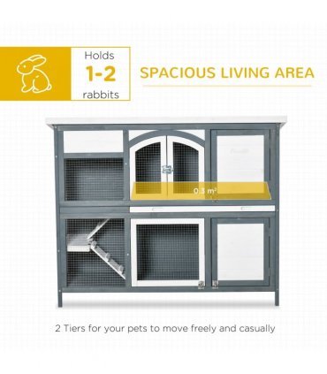 Two-Tier Wooden Rabbit Hutch Bunny Run w/ Openable Roof, Slide-Out Tray, Ramp