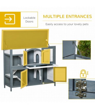 Two-Tier Wooden Rabbit Hutch Bunny Run w/ Openable Roof, Slide-Out Tray, Ramp