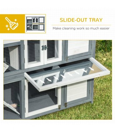 Two-Tier Wooden Rabbit Hutch Bunny Run w/ Openable Roof, Slide-Out Tray, Ramp