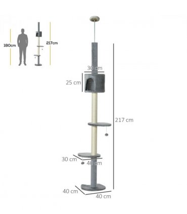 Cat Tree Light Grey 40L x 40W x 217H cm Four-layer Pet Playhouse Scratching Post