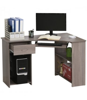 L-Shaped Corner Computer Desk & 2-Tier Side Shelves Wide Table Top Grey