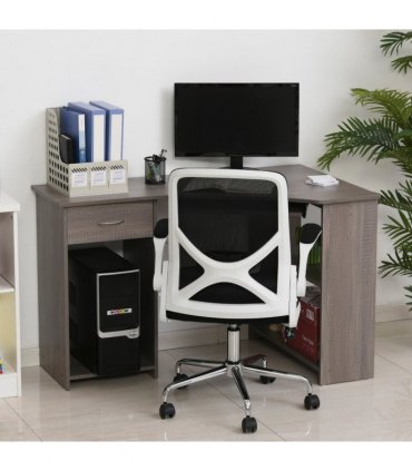 L-Shaped Corner Computer Desk & 2-Tier Side Shelves Wide Table Top Grey
