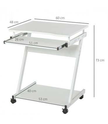 Metal Computer Desk with 4 Moving Wheels Sliding Keyboard Tray White