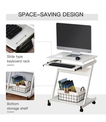 Metal Computer Desk with 4 Moving Wheels Sliding Keyboard Tray White