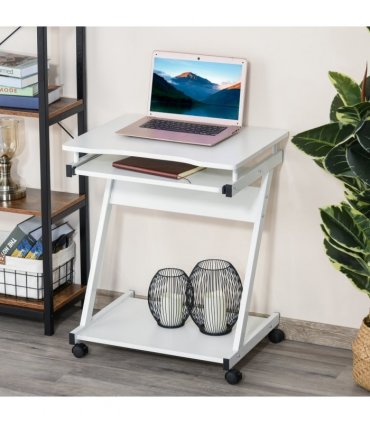 Metal Computer Desk with 4 Moving Wheels Sliding Keyboard Tray White