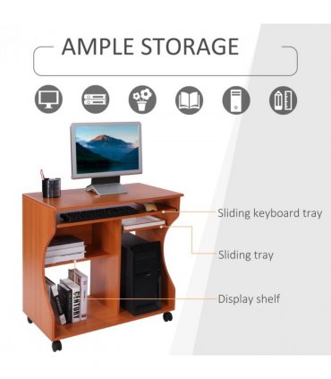 Computer Desk Laptop Writing Table Storage Shelf Workstation Wheels-Cherry Wood