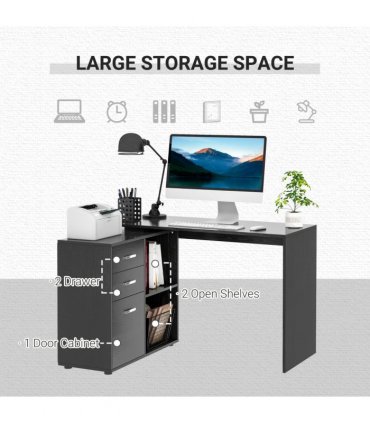 L Shape Computer Desk Workstation Home Office Drawer Shelf File Cabinet-Black