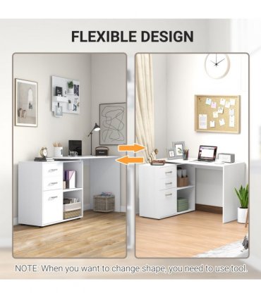 Home Office L Shape Computer Desk Workstation Drawer Shelf File Cabinet-White
