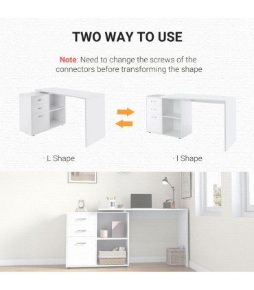 Home Office L Shape Computer Desk Workstation Drawer Shelf File Cabinet-White