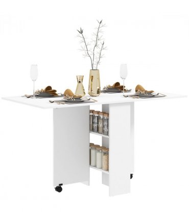 Kitchen Folding Desk Mobile Drop Leaf Dining Table Wheel Storage Shelves White