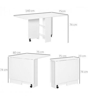 Kitchen Folding Desk Mobile Drop Leaf Dining Table Wheel Storage Shelves White