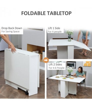Kitchen Folding Desk Mobile Drop Leaf Dining Table Wheel Storage Shelves White