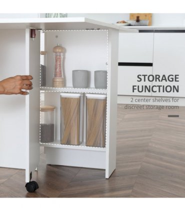 Kitchen Folding Desk Mobile Drop Leaf Dining Table Wheel Storage Shelves White