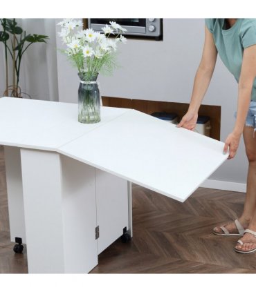 Kitchen Folding Desk Mobile Drop Leaf Dining Table Wheel Storage Shelves White
