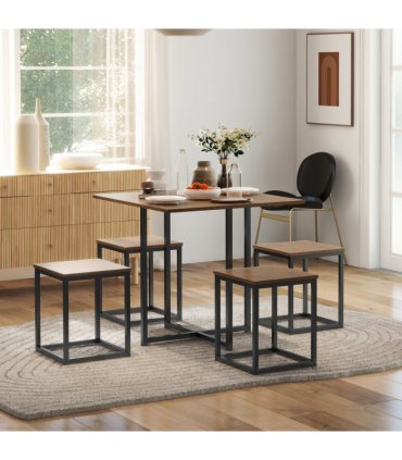 MDF Topped Steel 5-Piece Dining Set Dining Table with 4 Stools Black/Brown