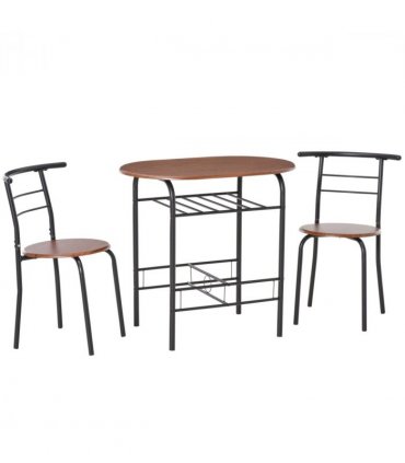 MDF 2-Seater Bar Stool and Table Set w/ Bottle Storage Shelf Wood Tone