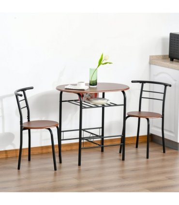 MDF 2-Seater Bar Stool and Table Set w/ Bottle Storage Shelf Wood Tone