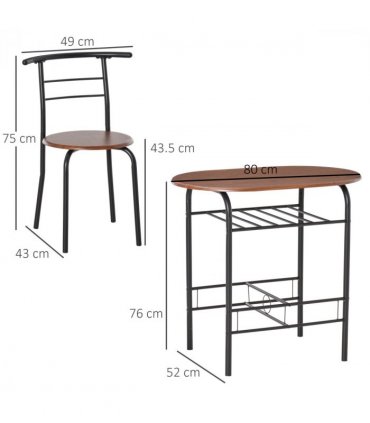 MDF 2-Seater Bar Stool and Table Set w/ Bottle Storage Shelf Wood Tone