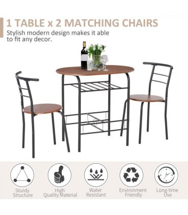 MDF 2-Seater Bar Stool and Table Set w/ Bottle Storage Shelf Wood Tone