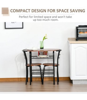 MDF 2-Seater Bar Stool and Table Set w/ Bottle Storage Shelf Wood Tone