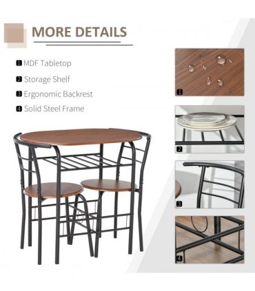 MDF 2-Seater Bar Stool and Table Set w/ Bottle Storage Shelf Wood Tone