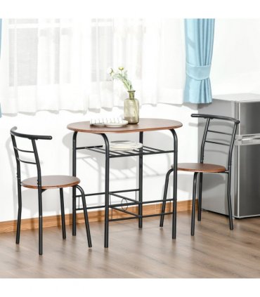 MDF 2-Seater Bar Stool and Table Set w/ Bottle Storage Shelf Wood Tone