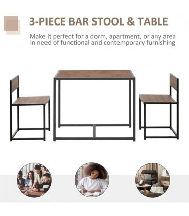 Bar Stool and Table Set Steel Frame MDF 2-Seater Wood Tone Rustic Brown