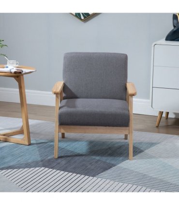 Linen Upholstered Pine Wood Accent Armchair Grey/Oak
