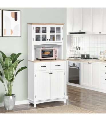 Kitchen Cupboard, Framed Glass Doors, 2 Drawers, Microwave Counter, White