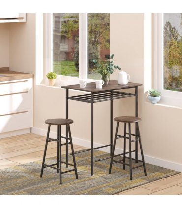 Bar Set Black MDF Table 80cmx50cmx90cm 2 Stools Metal Frame Oak Compact Size