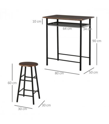 Bar Set Black MDF Table 80cmx50cmx90cm 2 Stools Metal Frame Oak Compact Size