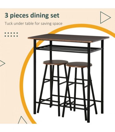 Bar Set Black MDF Table 80cmx50cmx90cm 2 Stools Metal Frame Oak Compact Size