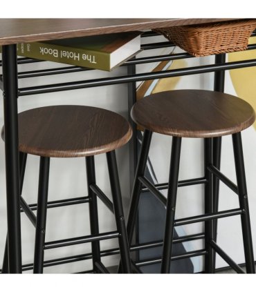 Bar Set Black MDF Table 80cmx50cmx90cm 2 Stools Metal Frame Oak Compact Size