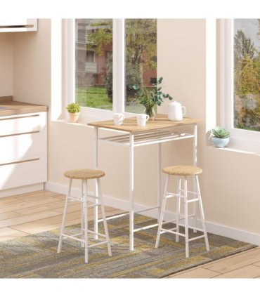 3Pc Bar Height Dining Furniture SetWhite and Oak 3-Piece Kitchen