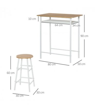 3Pc Bar Height Dining Furniture SetWhite and Oak 3-Piece Kitchen