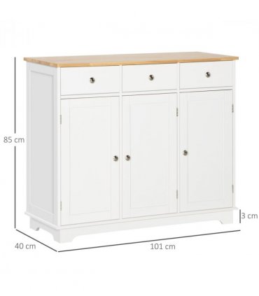 Sideboard White Rubberwood Top Buffet Drawers Adjustable Shelves 101cmx40cmx85cm