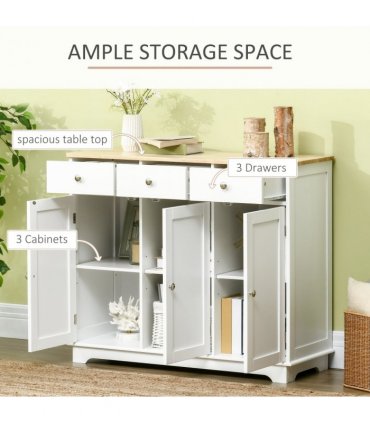 Sideboard White Rubberwood Top Buffet Drawers Adjustable Shelves 101cmx40cmx85cm
