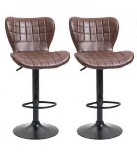 Set of 2 Adjustable Height Swivel Bar Chairs in PU Leather with Backrest Brown