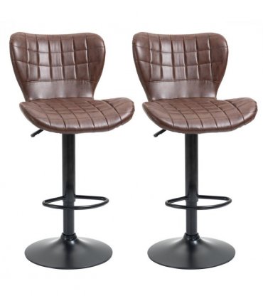 Set of 2 Adjustable Height Swivel Bar Chairs in PU Leather with Backrest Brown