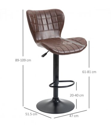 Set of 2 Adjustable Height Swivel Bar Chairs in PU Leather with Backrest Brown