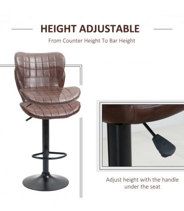 Set of 2 Adjustable Height Swivel Bar Chairs in PU Leather with Backrest Brown