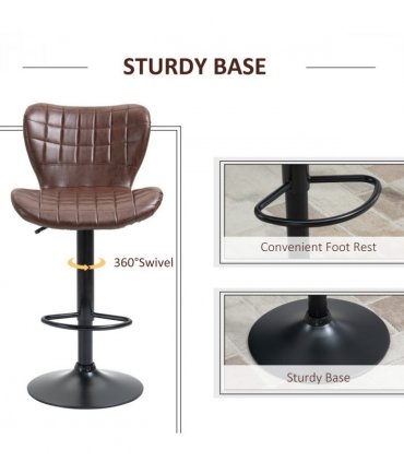 Set of 2 Adjustable Height Swivel Bar Chairs in PU Leather with Backrest Brown