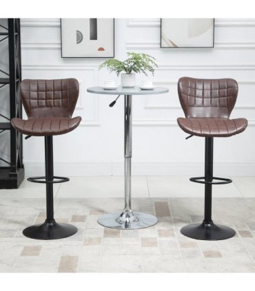 Set of 2 Adjustable Height Swivel Bar Chairs in PU Leather with Backrest Brown