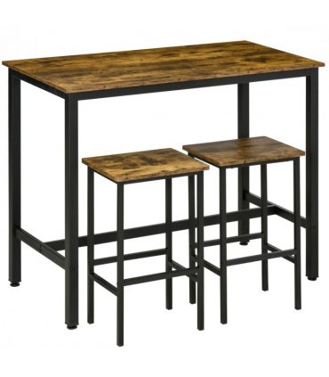 Industrial Bar Table Set, 2 Stools, 3PC Counter Height Rustic Brown